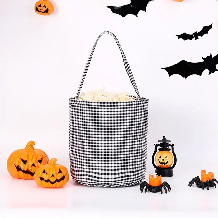 Panier de bonbons d'Halloween « Trick or Treat » – Sac fourre-tout à motif écossais grande capacité 