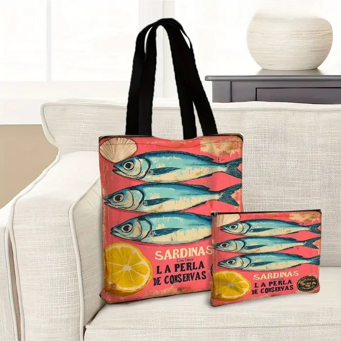 Sardine citron délicatesse perles sac fourre-tout sac de plage avec trousse de maquillage sac à provisions polyvalent