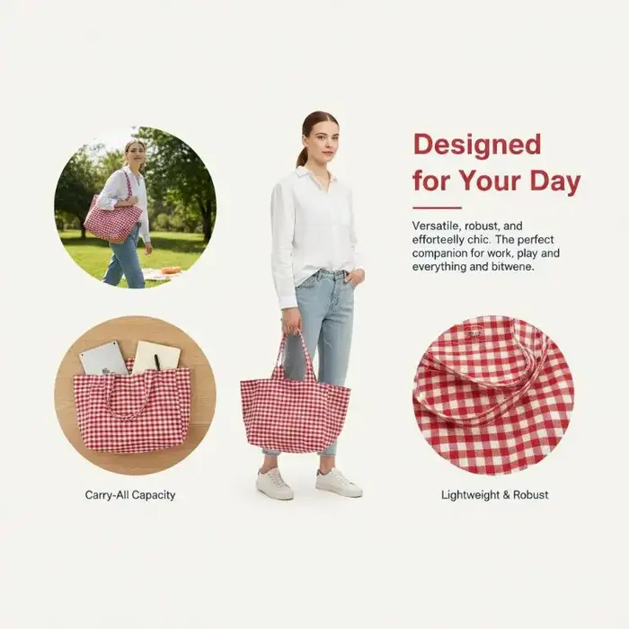 Sac fourre-tout en toile à carreaux avec motif