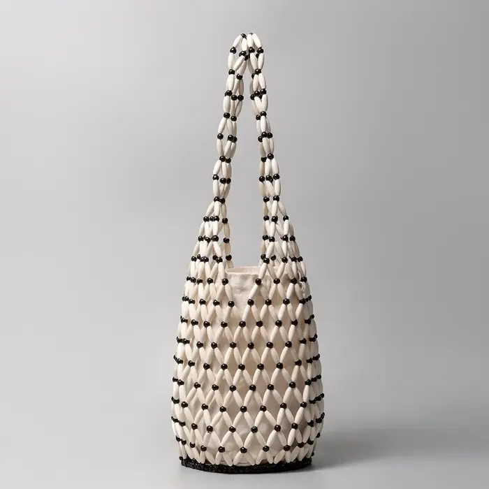 Sac tissé Design exquis évider perle de bois fourre-tout seau sac à bandoulière femme été plage sac à main сумка mягкая ♥