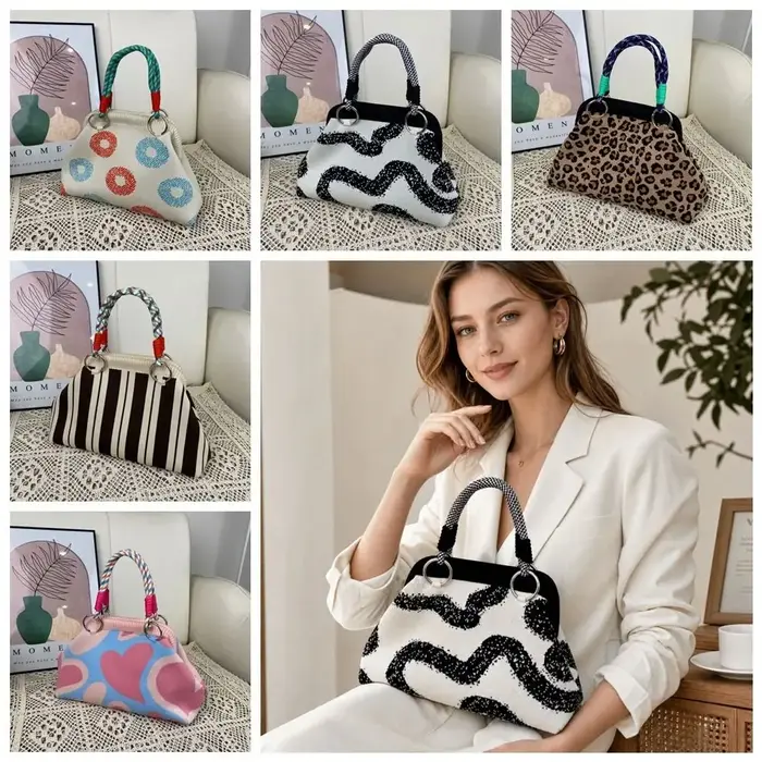Sac à main à poignée tissée imprimé coloré en tissu tricoté