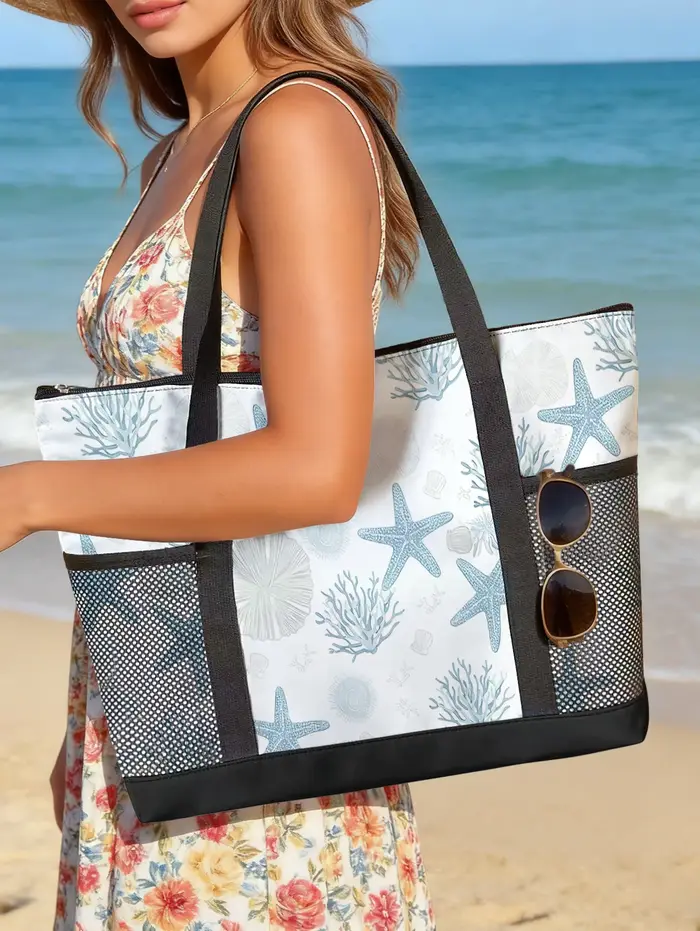 Grand sac de plage à imprimé corail et étoile de mer
