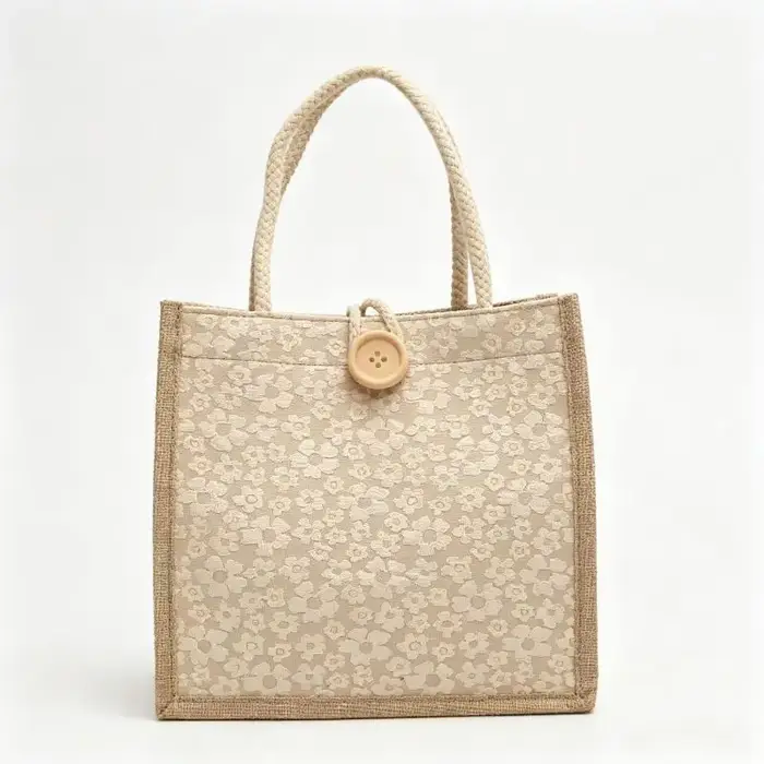 Mini sac fourre-tout en lin blanc avec motif floral en relief et fermeture à bouton en bois pour les trajets quotidiens