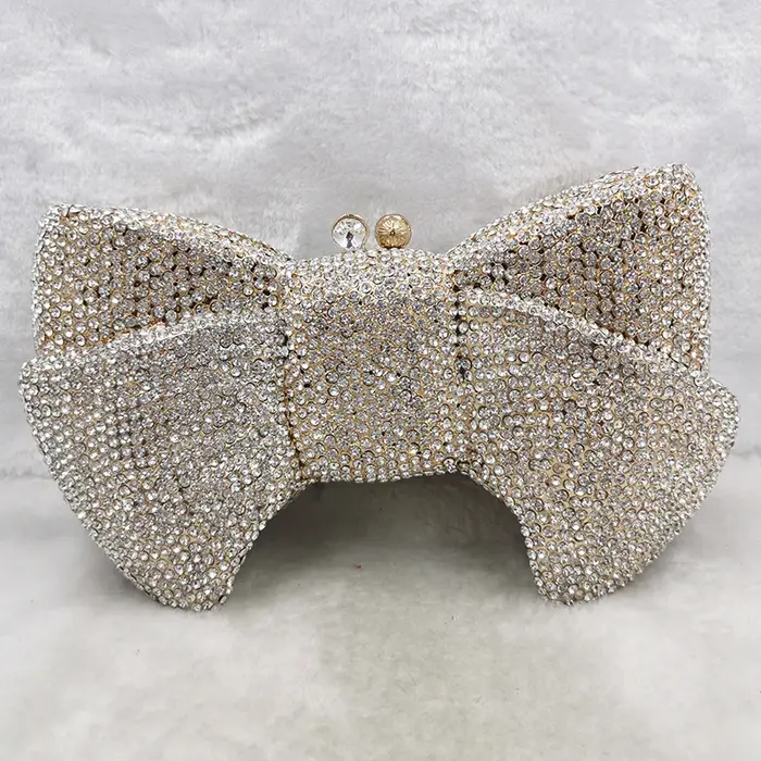 Pochette de soirée en cristal rose pour femmes, pochette de luxe en forme de nœud en strass pour fêt