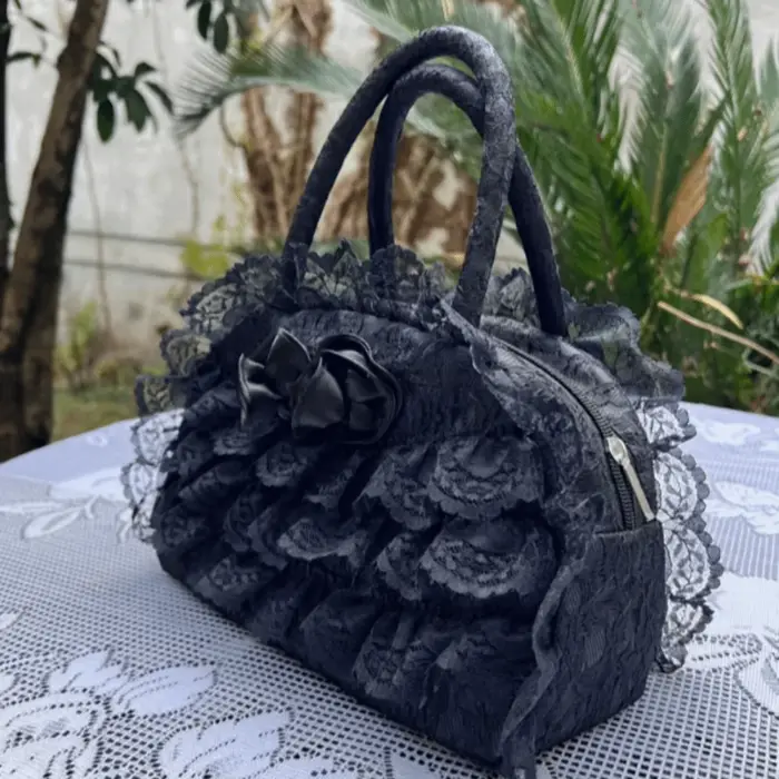 Sac à main en dentelle à volants en polyester, motif rose 3D, sac Lolita multicouche, intérieur spacieux, fermeture éclair, petit sac fourre-tout