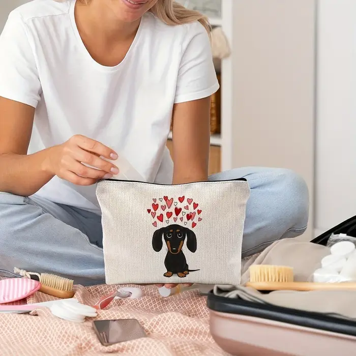 Sac à main pour chien teckel - Trousse de toilette de voyage avec motif visage et corps