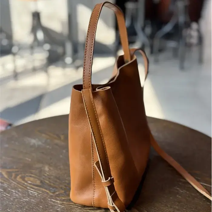 Johnature 2026 Nouveau Sac à bandoulière seau en cuir véritable, style vintage, grande capacité, en