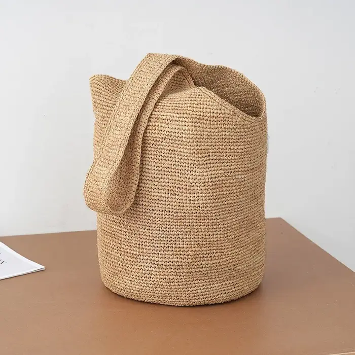 Sac seau en rotin pour femmes, sac de plage en paille tissé à la main, sac à bandoulière grande capa