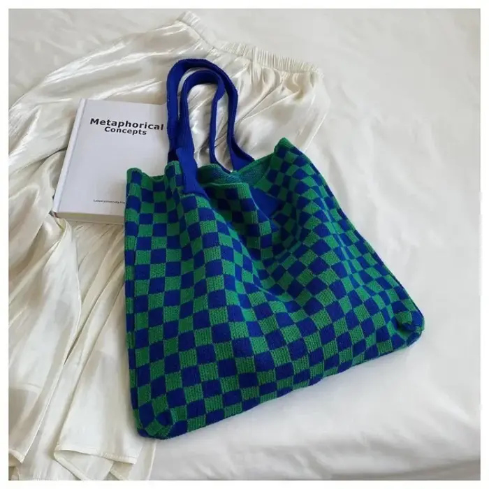 Nouveau Ins sac tricoté mode épaule noir blanc Plaid grand fourre-tout rétro sacs à main pour femme sac à tricoter
