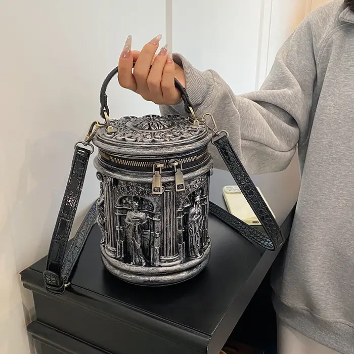 Sac seau mini vintage en PU à relief 3D pour femme
