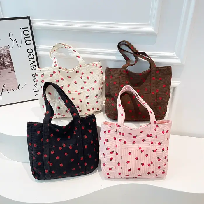 Sac à main en velours côtelé imprimé fraise