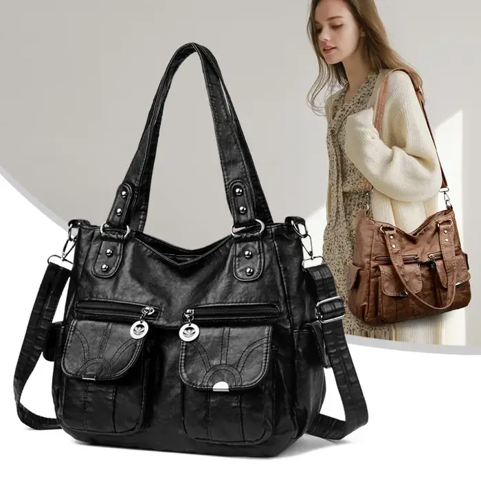 Sac fourre-tout à bandoulière en cuir lavé grande capacité pour femme