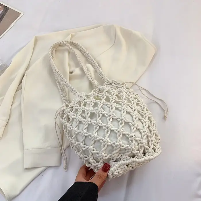 Sac de plage d'été pour femmes, sacs à bandoulière seau tricotés en corde de maille, fourre-tout de