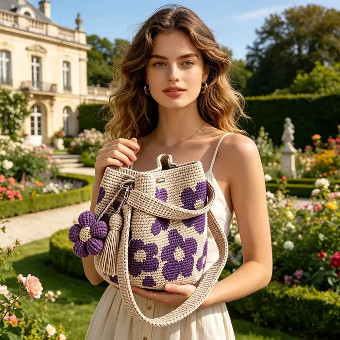 Sac fourre-tout en crochet fait main pour femme avec pendentif pompon