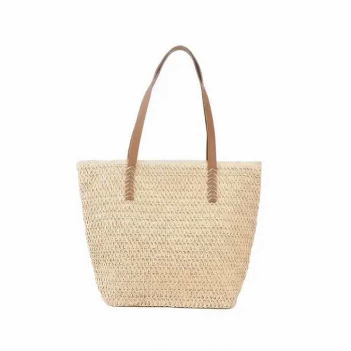 Sac fourre-tout décontracté en paille tressée couleur unie avec fermeture éclair, sac à main de plag