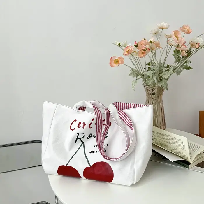 Sac à bandoulière en toile pour femmes, Design réversible, sac à main en tissu de coton, sac à main à rayures rouges cerise, grand fourre-tout, sacs de Shopping écologiques