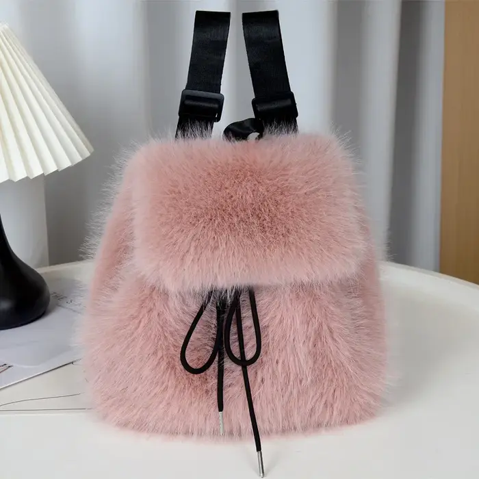 Sac à dos en fausse fourrure pour femmes, sac à cordon en peluche doux et moelleux, sac à bandoulièr