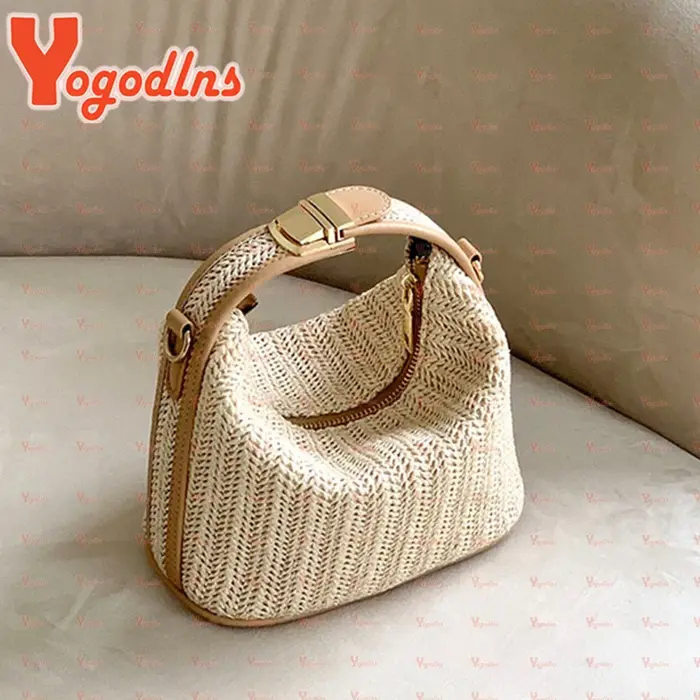 Yogodlns été petit sac à main en paille sac à bandoulière tendance tissé seau sac