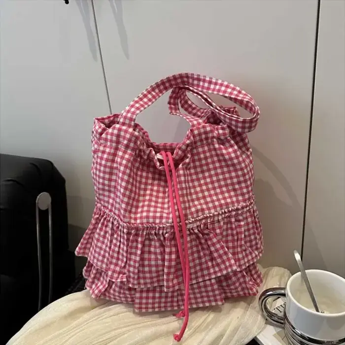 Sac fourre-tout pour femme, à volants, à carreaux, avec cordon de serrage, sac à main en toile tendance, grande capacité, sacs coréens, Bolsos De Mujer