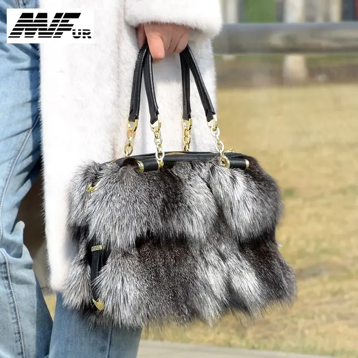MS.Minshu-Sac à main en renard argenté naturel pour femme