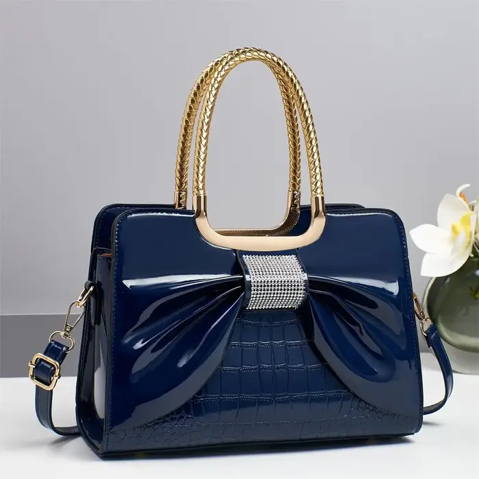 Sac à bandoulière de luxe grande capacité pour femme, en cuir brillant avec poignée en bambou, style