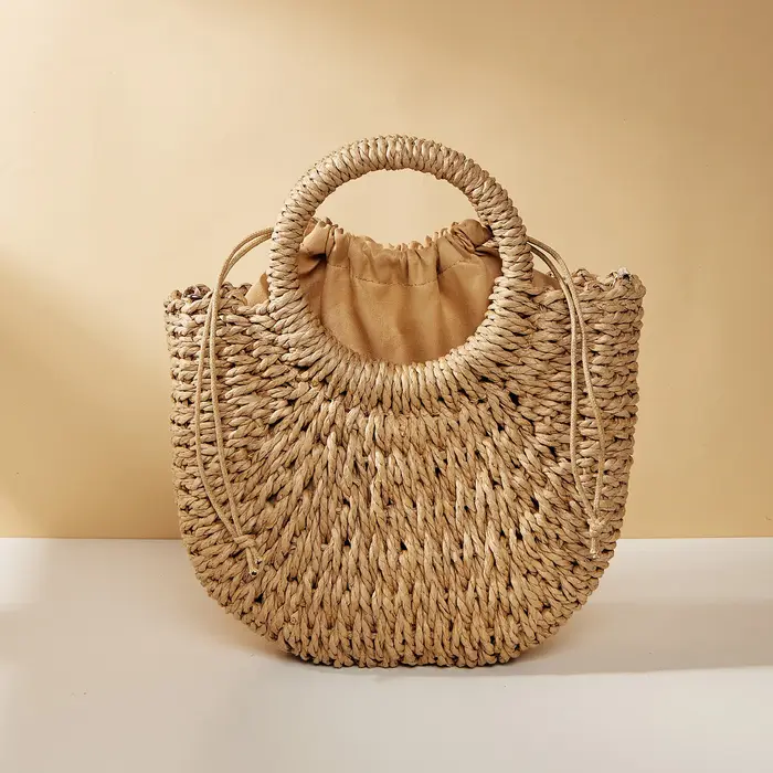 NOUVEAU Sac de plage demi-lune en paille tressée à la main pour femme