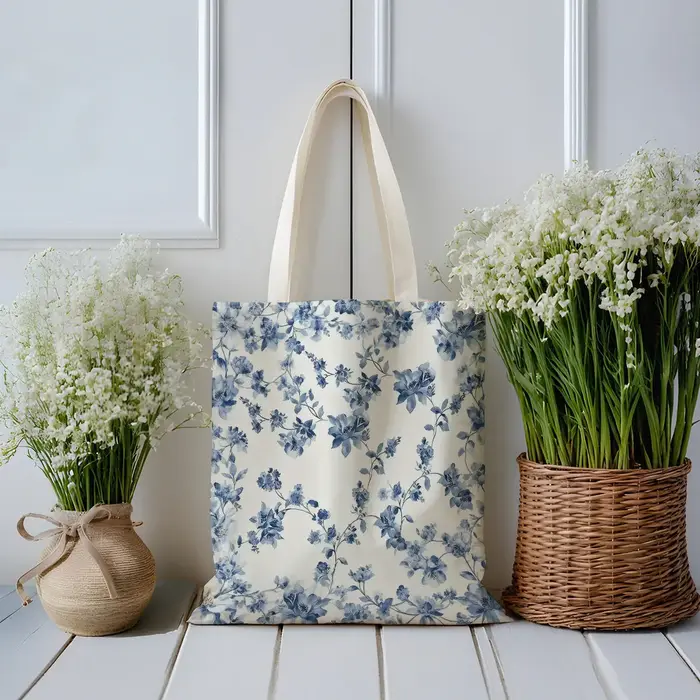 Sac fourre-tout en toile imprimé motif fleurs bleues, idéal pour un usage quotidien, les courses, l'