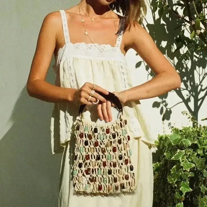 Nouveau Sac de Plage Bohème en Corde Tressée avec Perles Colorées pour Femme