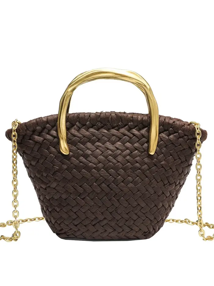 Sac seau tissé marron, poignée supérieure en métal doré et chaîne amovible pour porté croisé, sac à 
