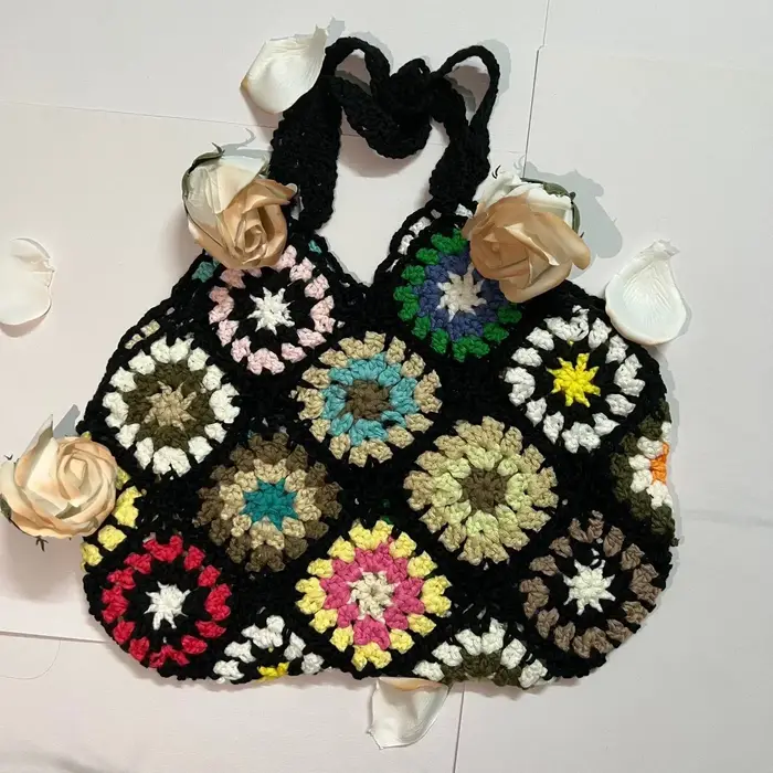 Sac fourre-tout Boho de grande capacité, sac à main évidé multicolore, crochet floral, fait à la mai