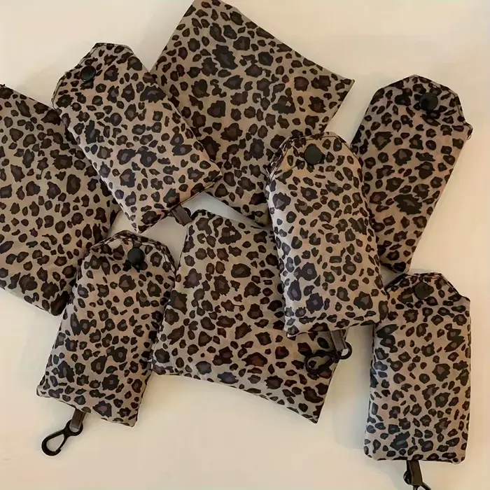Sac de courses pliable à imprimé léopard - Sac en nylon léger et étanche avec poignées robustes pour l'épicerie et le supermarché
