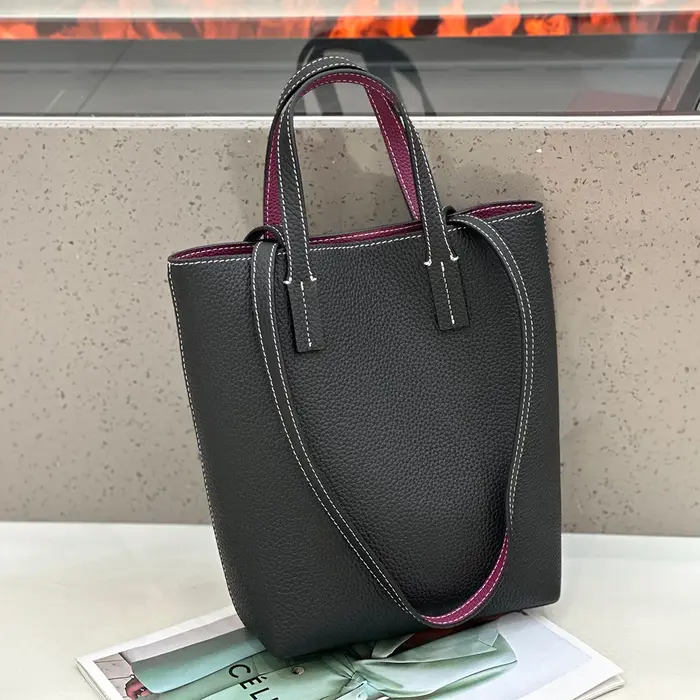 Sac Cuir Véritable Texture Lychee Main Tote Femme Peau Vache Couche Supérieure Doublure Contraste Couture Blanche Usage Quotidien Décontracté Élégant Moderne Minimaliste Mode Tendance 2025 Nouvelle Me
