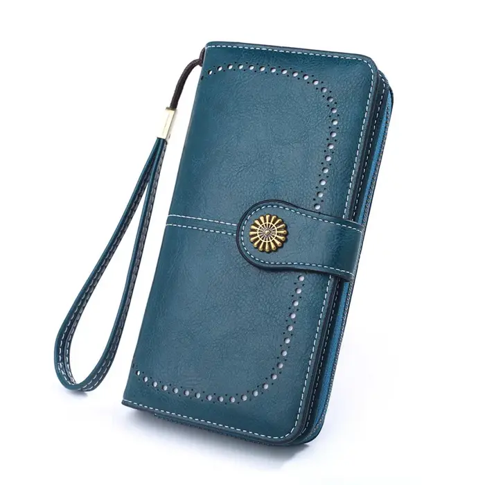 Pochette portefeuille longue en cuir PU perforé Vintage, fentes multi-cartes, grande capacité, pour
