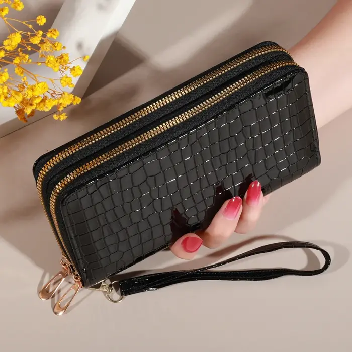 Portefeuille d'embrayage double couche vintage chic - Porte-monnaie et bracelet rétro à fermeture éclair - Accessoire pour femme à la mode avec rangement sécurisé