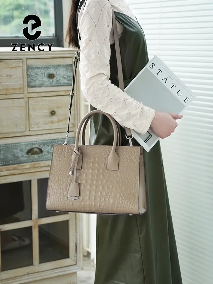 Zency noir kaki tempérament femmes sac fourre-tout élégant haut poignée sacs véritable cuir marque d