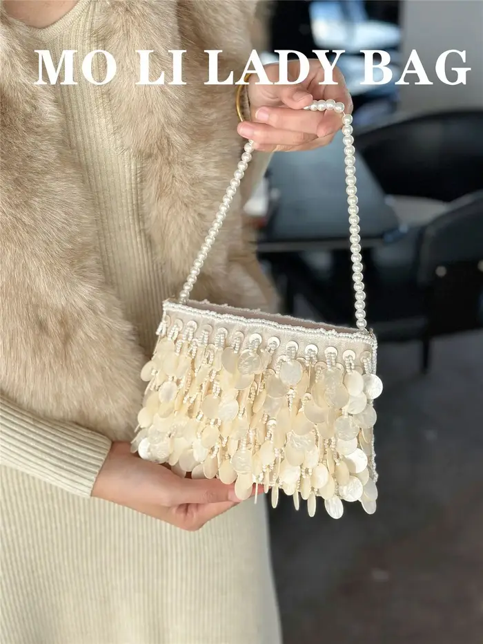 Pochette en perles de coquillage, sac à main fait à la main avec poignée supérieure, sac de plage de