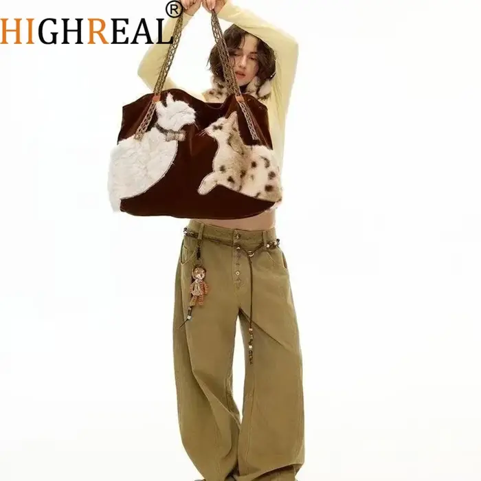 Mignon rétro chiot sac fourre-tout femmes en cuir Texture peluche grande capacité sac à bandoulière dames mode