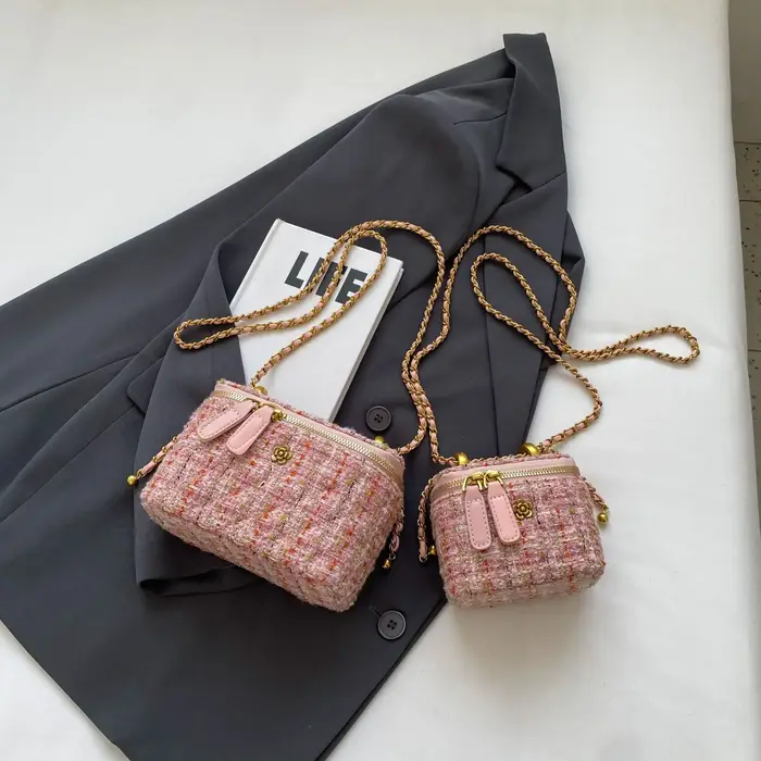 Mini sac seau à chaîne pour femme, sac à bandoulière à carreaux tendance, style urbain simple, petit