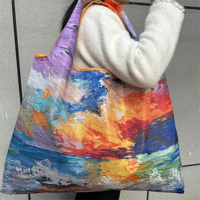 Sac de courses pliable avec peinture à l'huile de fleurs
