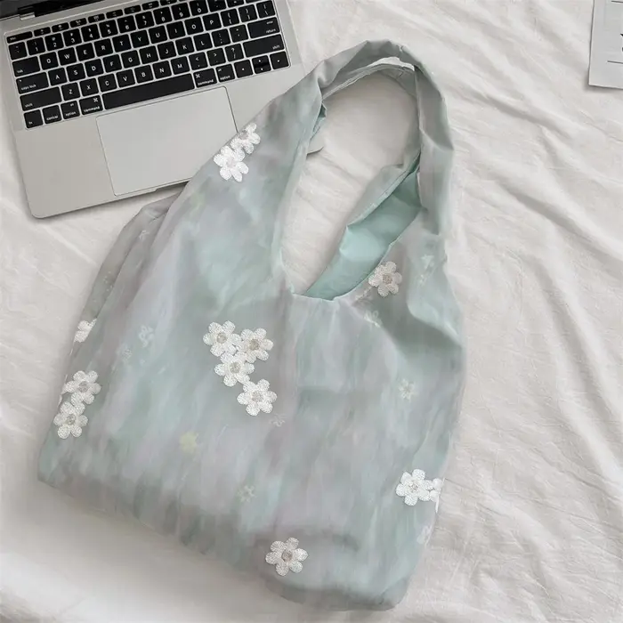 Sac fourre-tout léger et écologique de grande capacité, style coréen, avec broderie florale aux coul