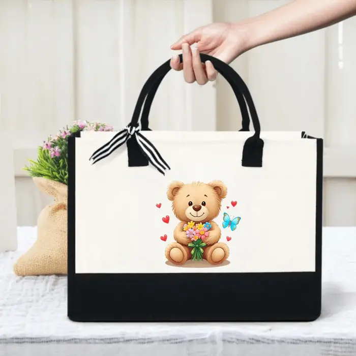 Adorable sac à main en forme d'ours en peluche crème et noir avec imprimé ours floral et cœur