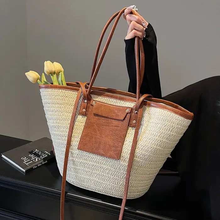 Sac à bandoulière, sac en paille forestière, sac de plage tissé pour vacances en bord de mer pour fe