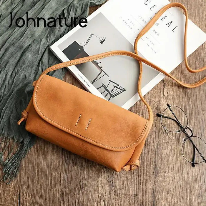 Sac à main pour femme en cuir de vache souple rétro fait à la main par Johnature, nouveau modèle 202