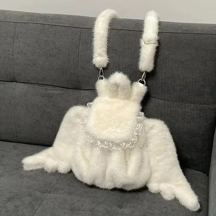 Blanc fausse fourrure ailes d'ange sac à dos dentelle décor mignon sac à bandoulière en peluche Kawa