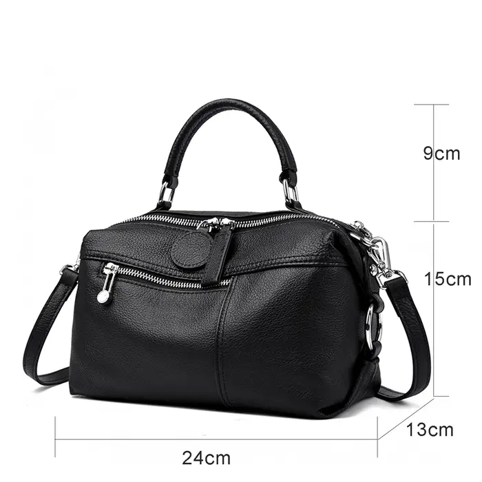 Sac Boston en cuir véritable noir, sac à main en cuir véritable pour femme, grand sac à bandoulière,
