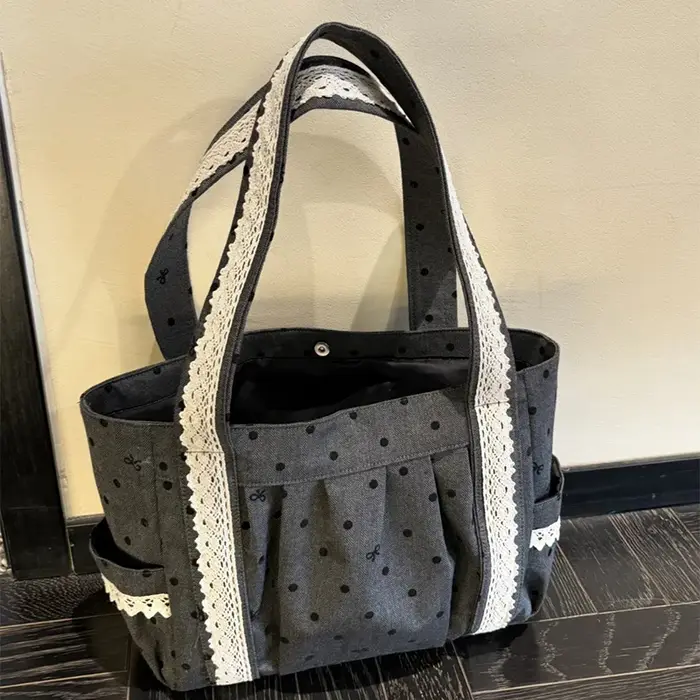 Sac fourre-tout en dentelle à pois grande capacité pour femme