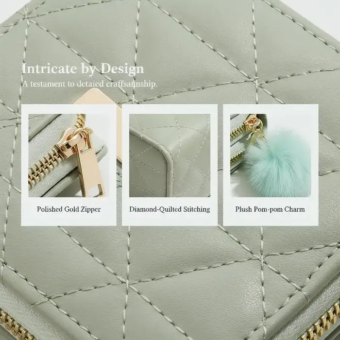 Mini portefeuille matelassé en cuir PU avec double fermeture éclair et pompon moelleux pour les trajets quotidiens