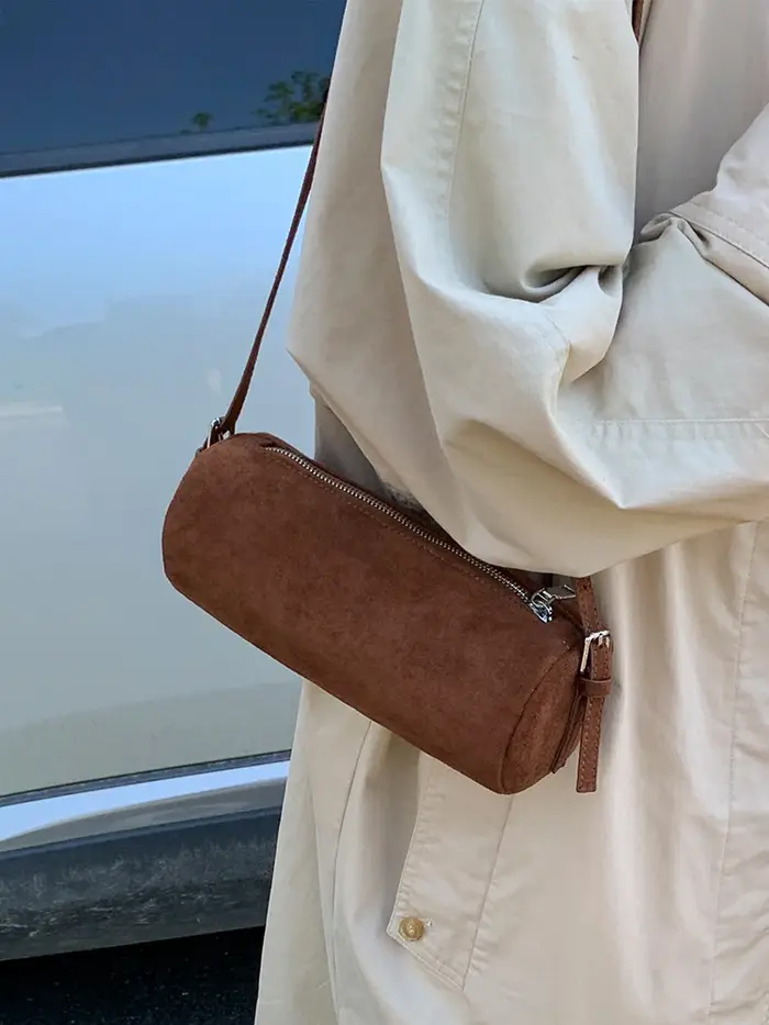 Sac cylindrique givré en daim de couleur unie pour femmes, sacs à bandoulière de grande capacité, tendance pour les déplacements et les Shopping