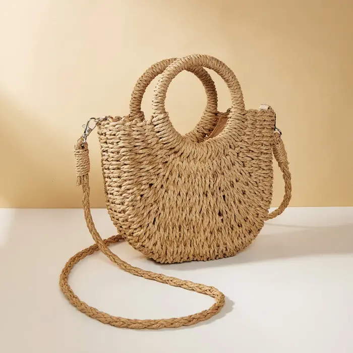 Nouveau Sac de Plage Demi-Lune en Paille et Rotin Tressé à la Main pour Femme