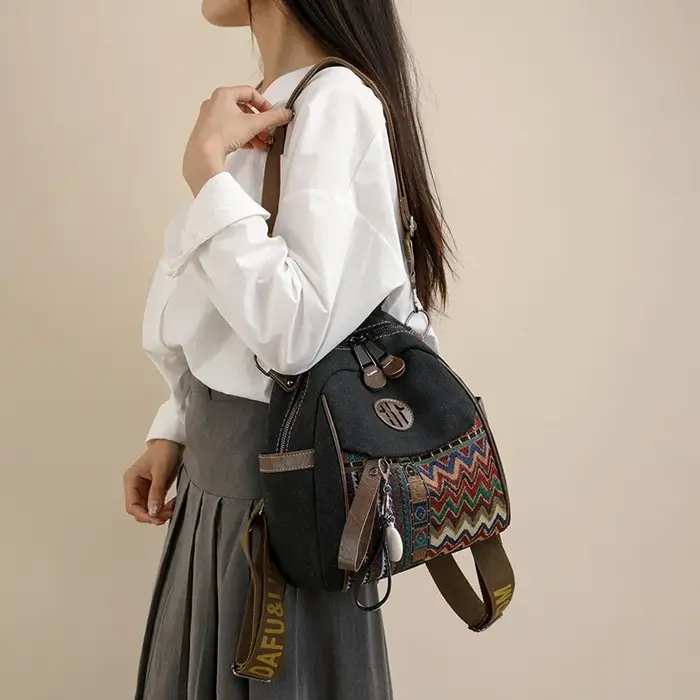 Sac à bandoulière double en denim brodé de style ethnique pour femme